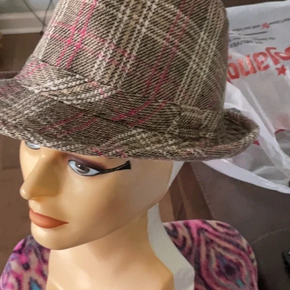 Pink and Brown Fedora Hat with Plaid Pattern - Picture 1 of 5